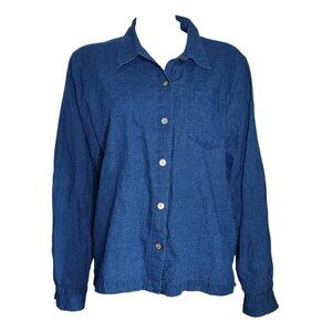 LEMON GRASS Solid All Blue Long Sleeve Button Down Linen Blend Shirt Womens L